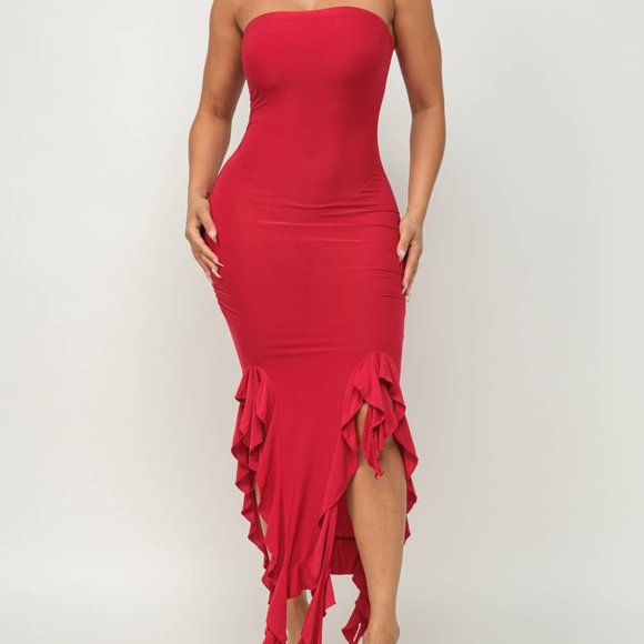 NWT - Slinky Ruffle Hem Bandeau Red Strapless Midi Dress - Picture 5 of 6